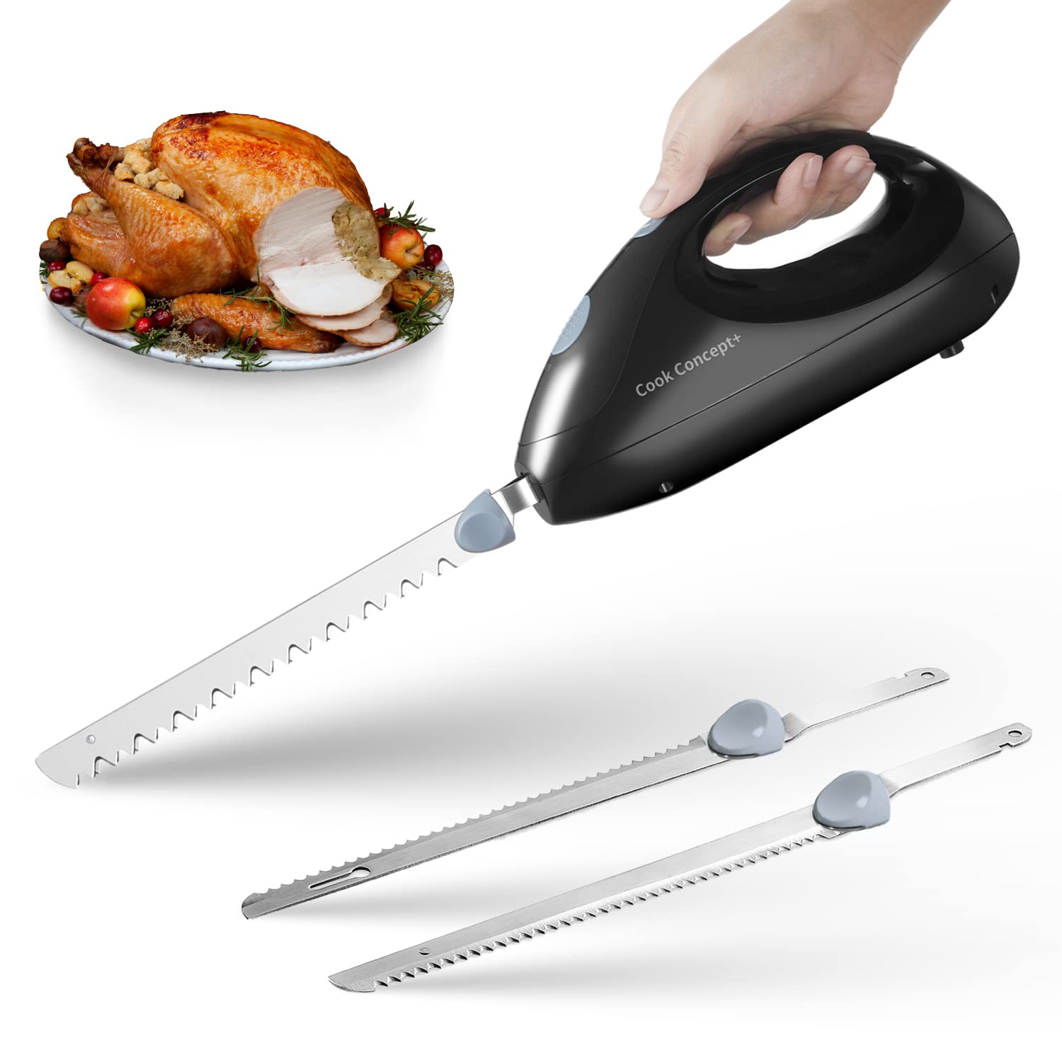 Cook Concept Electric Knife for Carving Meat Fish Turkey Bread 2 Interchangeable 8" Serrated Blades Lightweight Efficient SlicingThanksgiving Gift